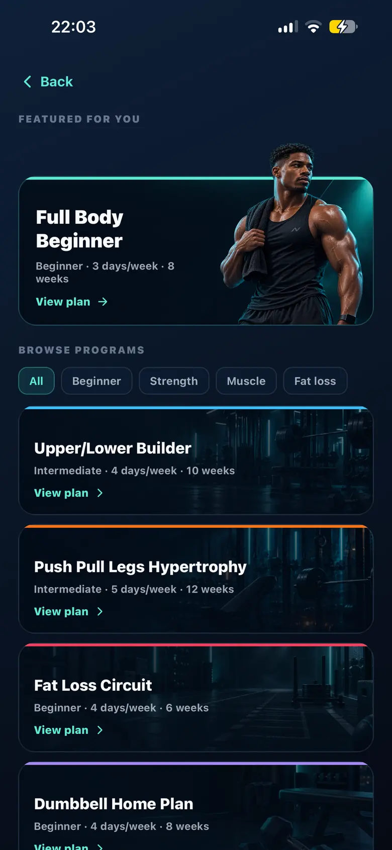 NoxaFit program browser with Full Body Beginner featured, and Upper/Lower Builder, Push Pull Legs Hypertrophy, Fat Loss Circuit and Dumbbell Home Plan listed with level, days per week and length.