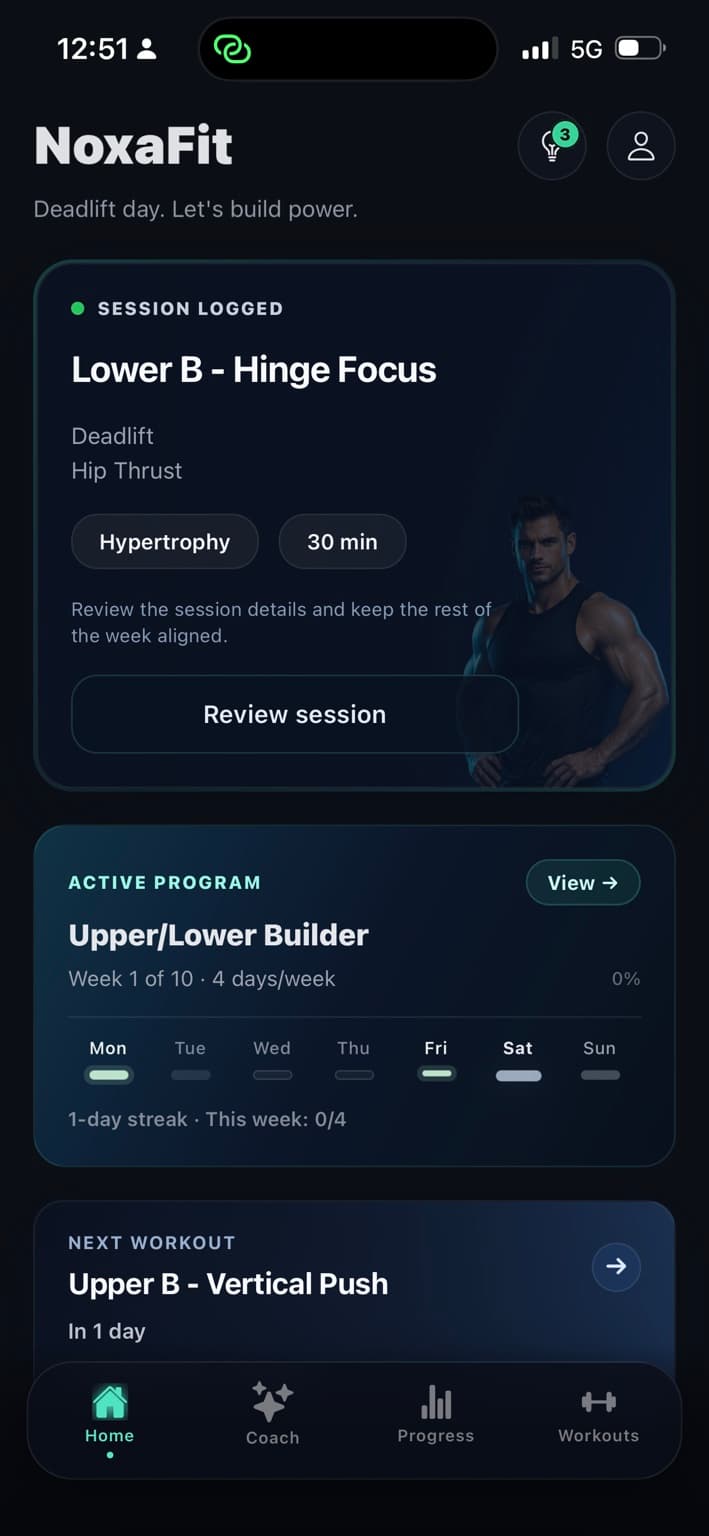 NoxaFit mobile app home screen with daily workout progress